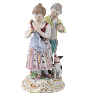 Meissen Porcelain Figural Group of Couple and Dog: Marked underside. 5-1/2"h Provenance: Property from a Private Princeton, NJ Collection