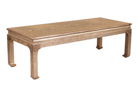 Max Kuehne, Chinoiserie Coffee Table: C. 1950, signed, incised gesso and wood. Chips to legs, losses, repair to one leg. 17"h x 54"w x 22"d Provenance: Property from a Private Princeton, NJ Collection