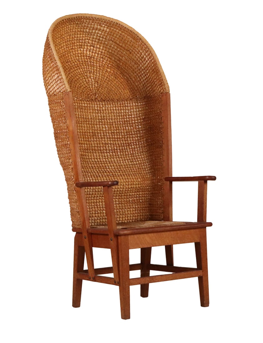 Oak and Woven Rush Orkney Chair: Scottish. 58"h x 25"w x 17-3/4"d Provenance: Property from a Private Philadelphia and UK Family Collection