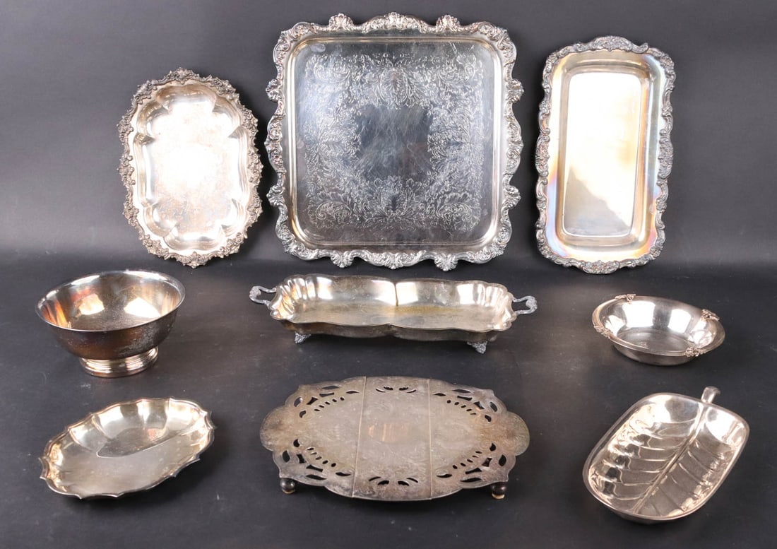 Nine Silver Plated Bowls, Trays, and Trivet (1 of 9)