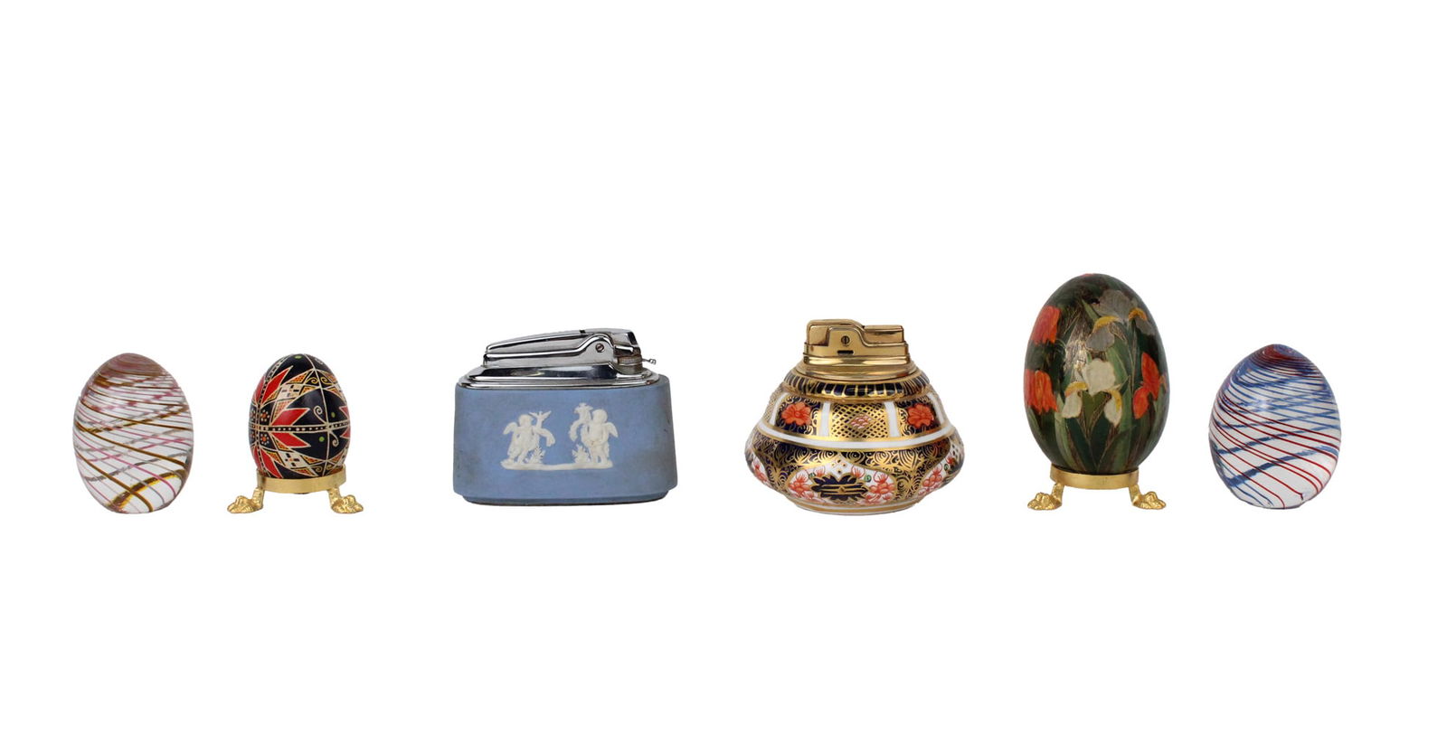 Royal Crown Derby and Wedgwood Lighters: Together with decorative eggs, a metal basket, a metal box, wood and leather boxes, and nesting dolls. Appx. 30 pieces Losses, wear, surface distress. Provenance: Property from a Private Princeton, NJ