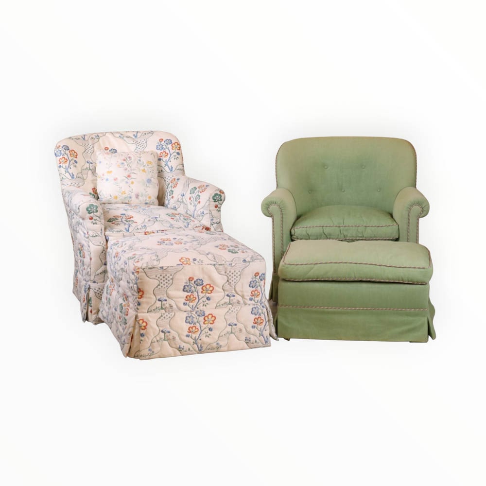 Two Pairs of Club Chairs and Ottomans: One with green upholstery, one with floral-upholstery and floral-slipcover. Wear, fading, stains. Green: 31-1/2"h x 33"w x 29-1/2"d and 15-1/2"h x 26-1/2"w x 18"d Provenance: Property from a Private P
