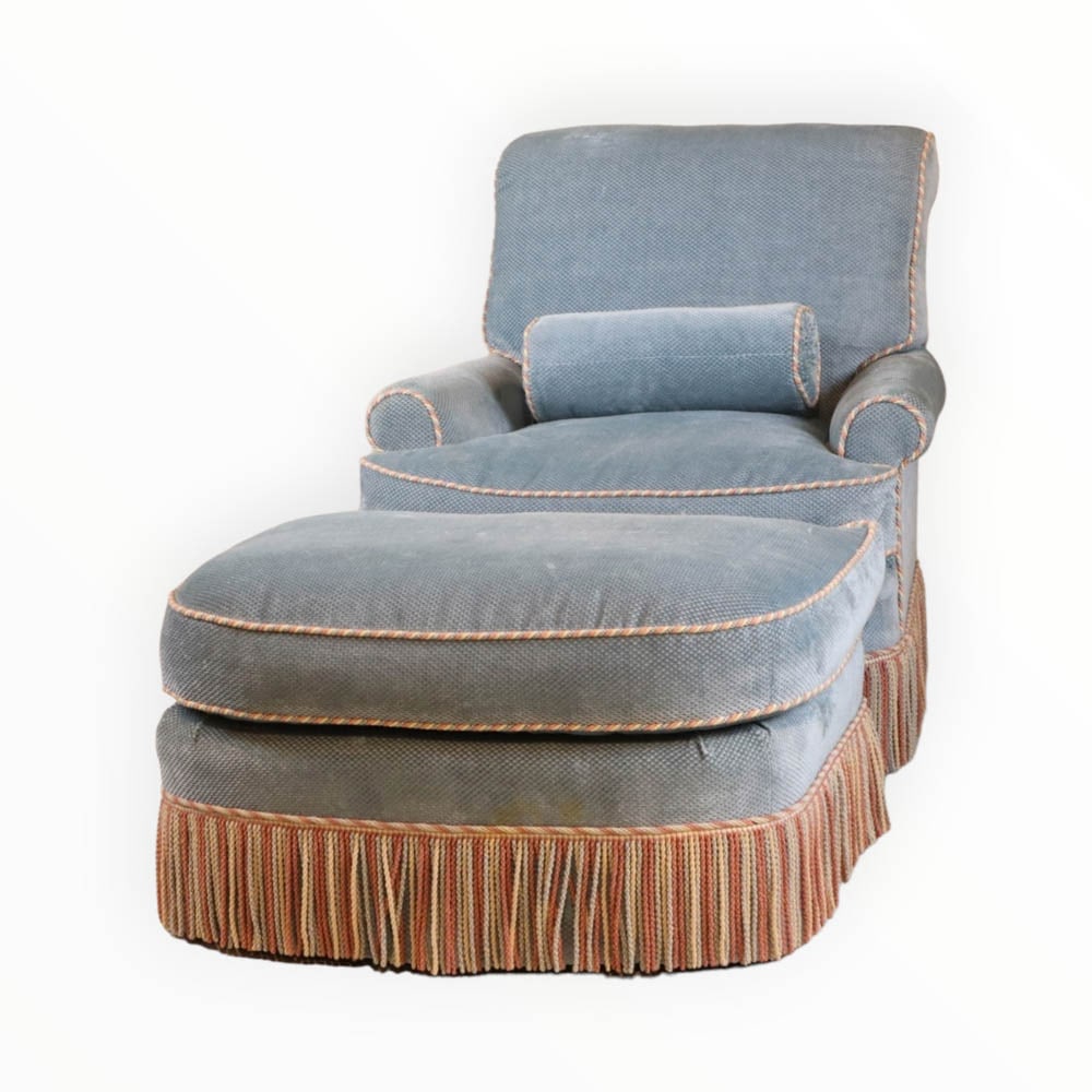 Blue Upholstered Club Chair and Ottoman (1 of 9)