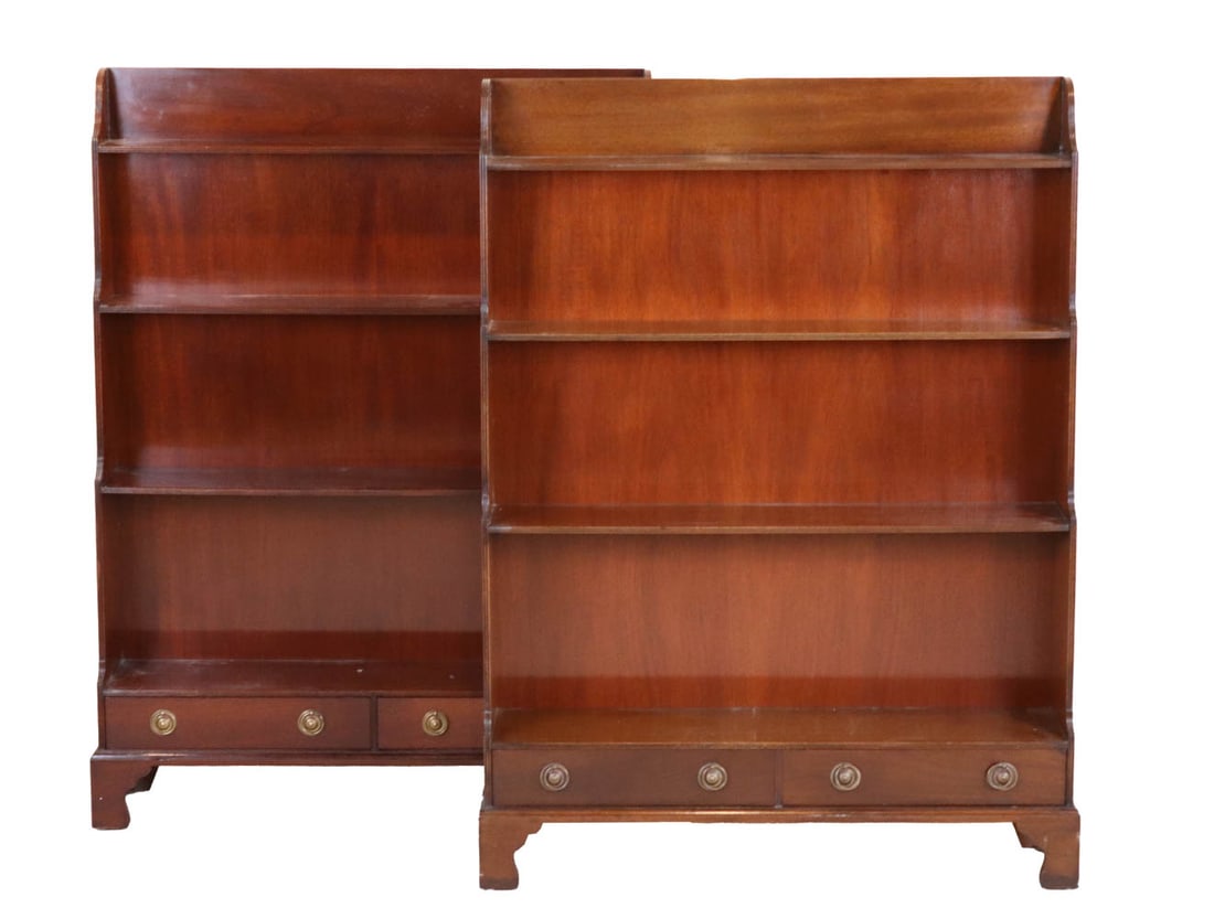 Pair of Federal Style Mahogany Bookshelves: 20th C. fitted with two drawers. Surface distress, wear. 48-1/4"h x 36-1/2"w x 9-1/2"d Provenance: Property from a Private Princeton, NJ Collection