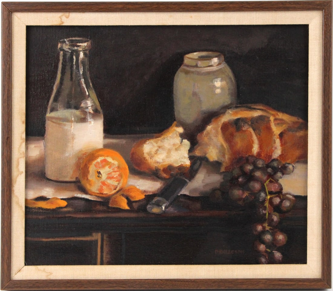 Oil on Canvas, Still Life of Bread and Grapes: 20th C. Signed l.r. "D. Gillespie (?)". Together with an oil on board of a Mediterranean castle. 2 pieces Sight sizes: 11-3/4"h x 14"w and 11-1/2"h x 8-1/2"w Overall: 14"h x 16-1/2"w and 14-3/4"h x 11