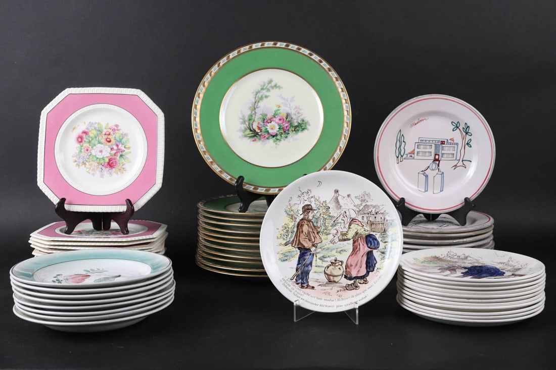 Two Sets of Floral Decorated Plates: Comprising, 12 Crescent Ivory with pink border and 12 Charles Ahrenfeldt for Limoges with green border. Together with 8 Danish fruit decorated plates, 9 architectural decorated plates, and 12 French p