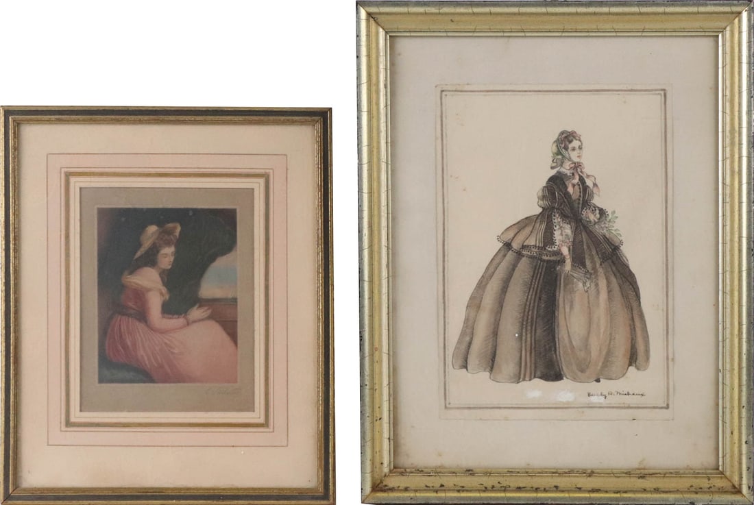 Beverly A. Michaux, Portrait of a Lady in a Dress: Mixed media, signed l.l. Together with a colored mezzotint of Lady Hamilton by E. Stodart after George Romney painting. 2 pieces. Provenance: Property from a Private Philadelphia and UK Family Collect