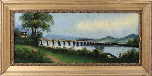 American School, Train Bridge over River: 19th C. Reverse painting on glass with some mother of pearl inset. Unsigned. Sight: 12"h x 29-1/2"w Overall: 17-1/2"h x 35-1/2"w Provenance: Property from a Private Philadelphia and UK Family Collecti