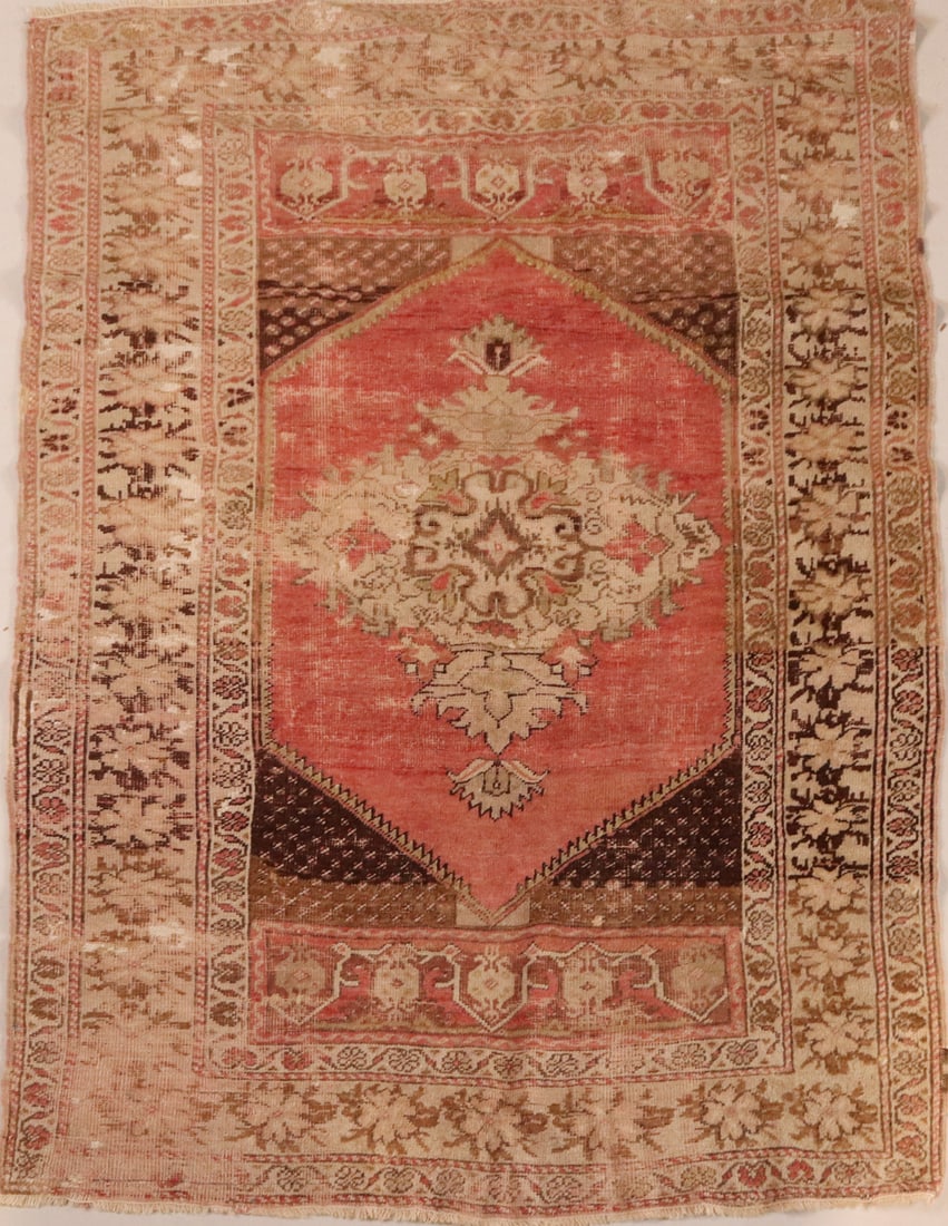 Turkish Rug: Central Anatolia, Early 20th C. Areas of wear, re-piled and restored areas. 5'1"l x 3'4-1/2"w
