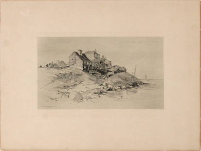 Charles Herbert Woodbury, "House, Coastal Maine": (American, 1864-1940) copperplate engraving, 1883, signed in plate l.l.c. Sheet: 12"h x 16"w Sight: 5-3/4"h x 10"w