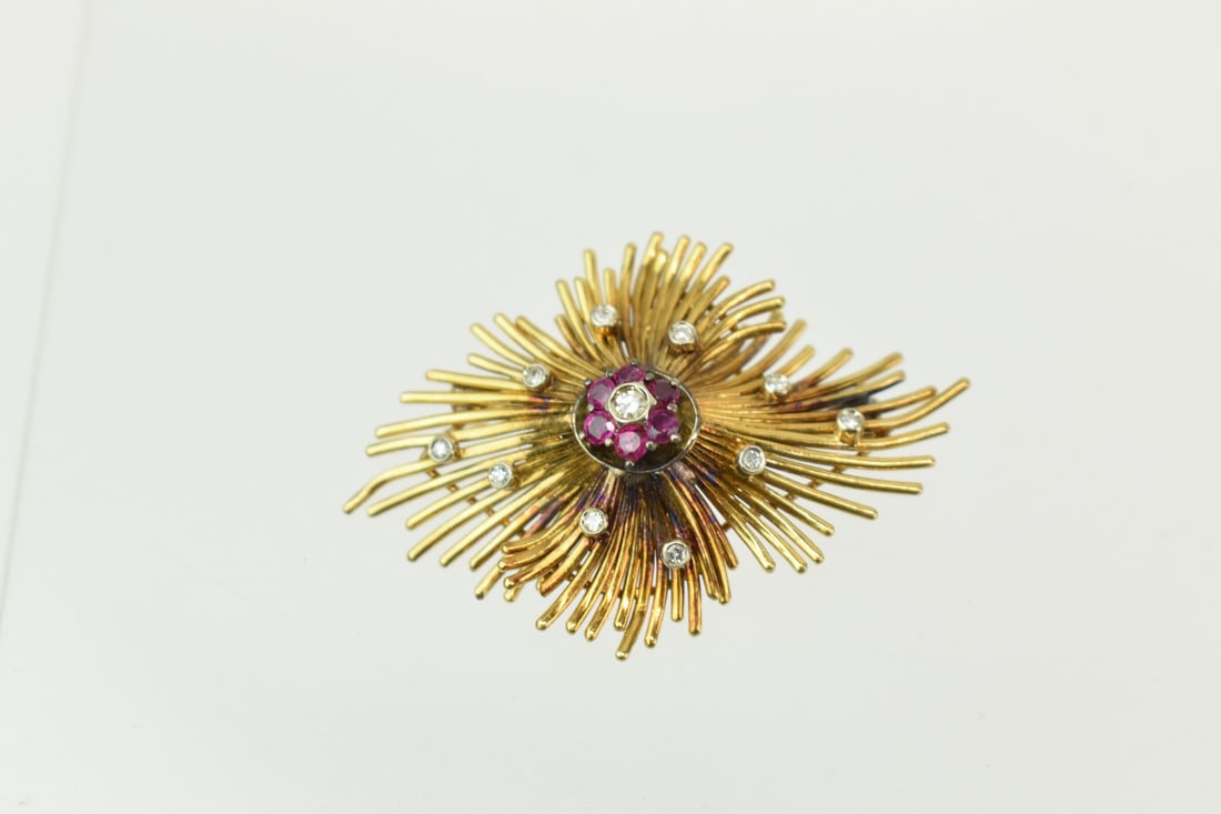 18K Yellow Gold Red & Colorless Spinel Brooch: 18K Yellow Gold Red & Colorless Spinel Brooch, 1-1/2"h x 2"w, weight approx. 7.8dwt, used.