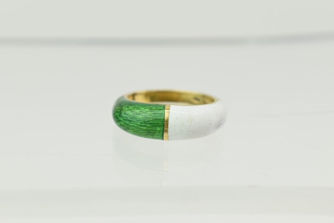 18K Yellow Gold Green & White Enamel Ring (1 of 6)