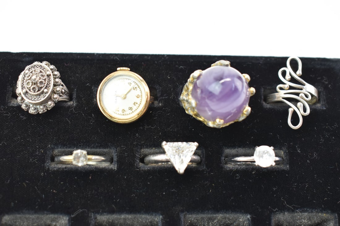 Two Silver Rings: Two Silver Rings. Together with three imitation diamond rings Balta clock ring, and faux amethyst quartz ring, used.