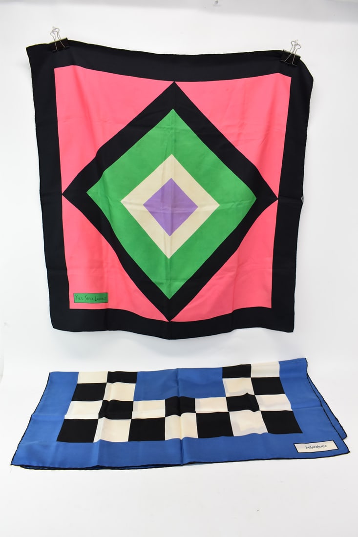 Two Vintage Women's YSL Geometric Print Scarves: Two Vintage 100% Silk Women's Yves Saint Laurent Geometric Print Scarves in vibrant colors; used condition, some stains, minor loose threads on edges; each measures approximately 34" x 34"