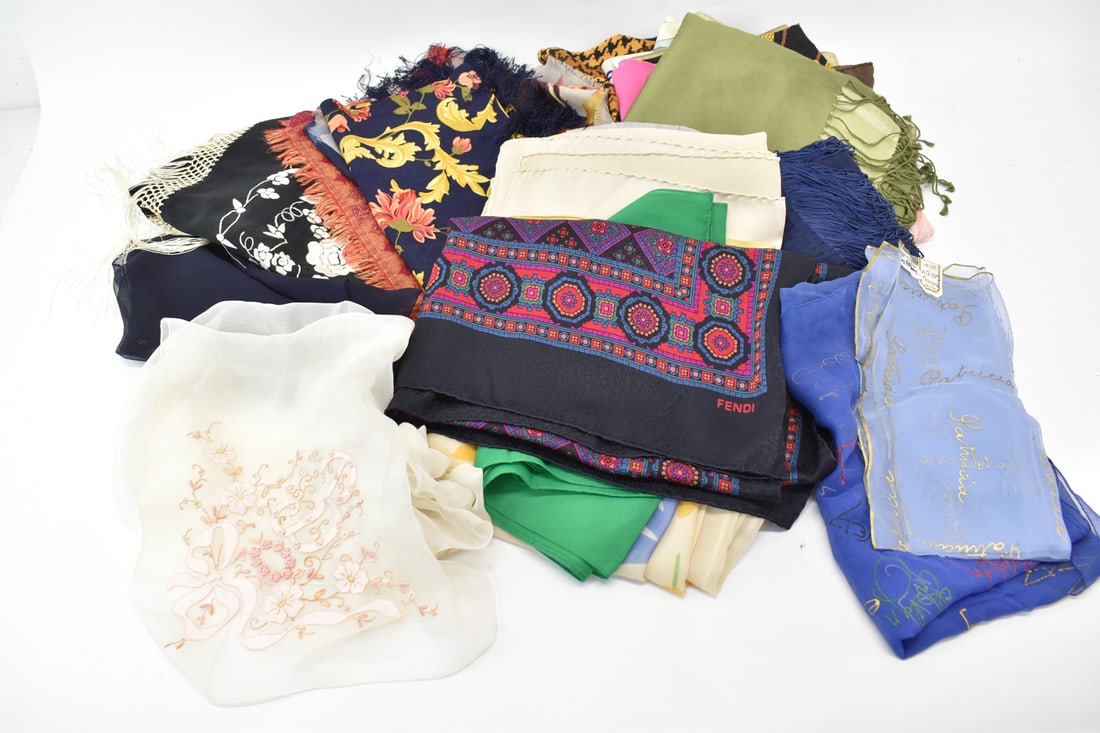 Lot of Designer Women's Silk Scarves and Sashes: Lot of Designer Women's Silk Scarves and Sashes including Fendi, Givenchy, Liberty of London, Brooks Brothers, Hiroku Kapp, Montero, and many others (31 pieces total) in various sizes, shapes, and fab