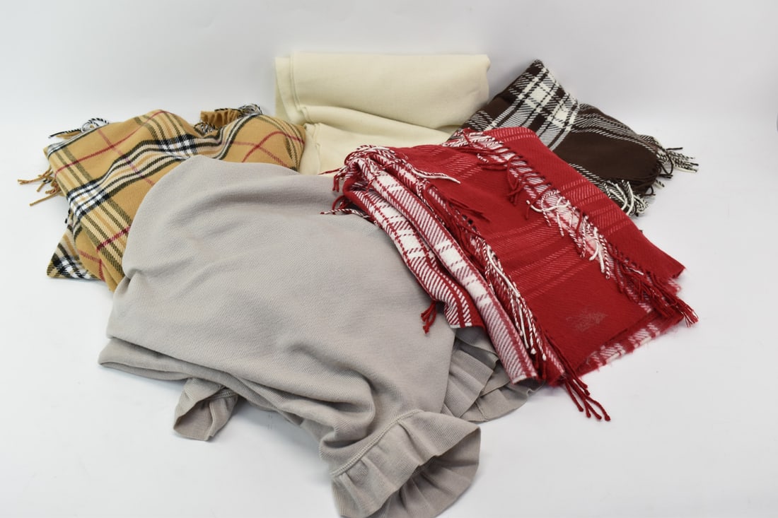 FENDI Italian Wool Fringed Blanket: FENDI Italian Wool Fringed Blanket, made of 100% Merino wool and embroidered with monochromatic large Fendi logo bottom right, together with a pale gray Horst Sitte 100% wool shawl with ruffle edge, t