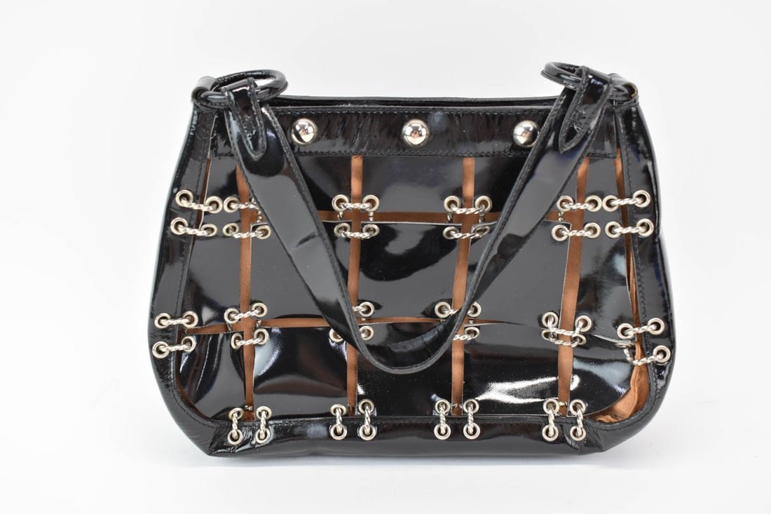 Mod Era Black Patent Leather Tan Suede Handbag (1 of 8)