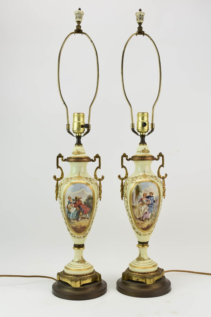Pair of French Porcelain Covered Vases: Pair of French Porcelain Covered Vases, mounted as lamps, each having portrait design. Used unknown working condition. Size to top of socket: 19-1/2"h x 6"dia at base