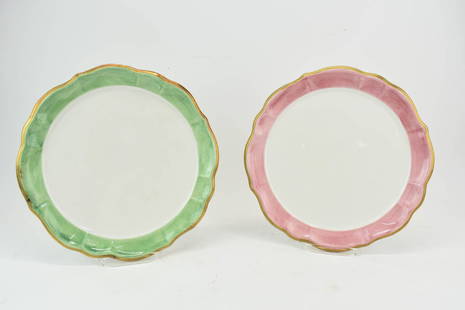 Set of Eight Palmer Smith Dinner Plates: Set of Eight Palmer Smith Dinner Plates, some green, some pink borders. Used condition, gilt losses, in need of a bath. 12-1/4"dia.