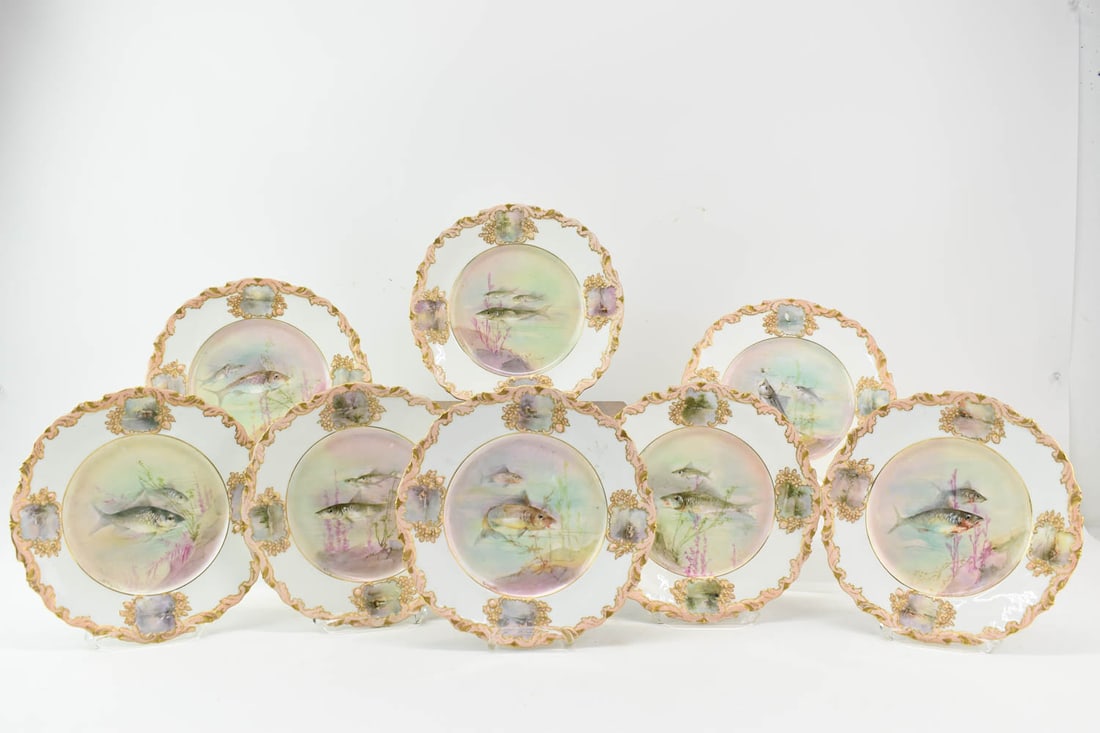 Set of Eight Hammersly & Co. Fish Plates: Set of Eight Hammersly & Co. Fish Plates, each having decorated landscape scenes. Used condition. 9"dia.