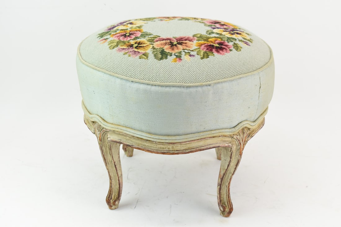 Louis XV Style Floral Upholstered Foot Stool: Vintage Louis XV Style Floral Upholstered Foot Stool. Used condition, wear, 13" tall x 15" diameter