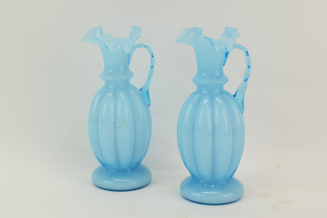 Pair Fenton Blue Overlay Ruffle Rim Ewers (1 of 6)