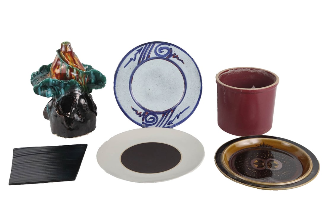 Three Circular Glazed Ceramic Platters: Three Circular Glazed Ceramic Platters.One made in Finland, one by Lindt Stymeist, together with a glazed ceramic abstract trivet, a glazed ceramic sculpture, and a maroon-glazed planter, 6 pieces tot