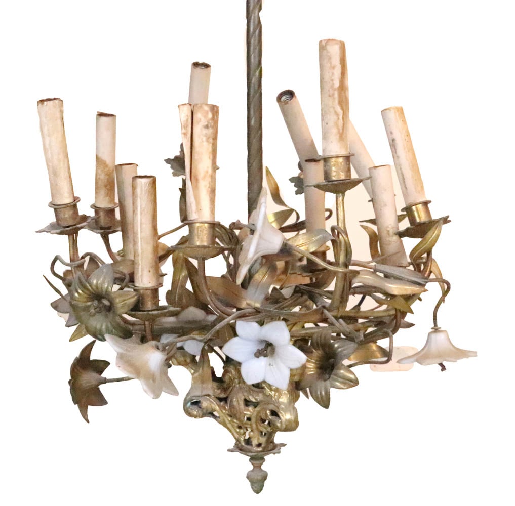 Victorian Gilt-Metal &Porcelain Flower Chandelier: Victorian Gilt-Metal & Porcelain Flower Chandelier, late 19th C. Losses, wear, surface distress. 29"h x 18"w