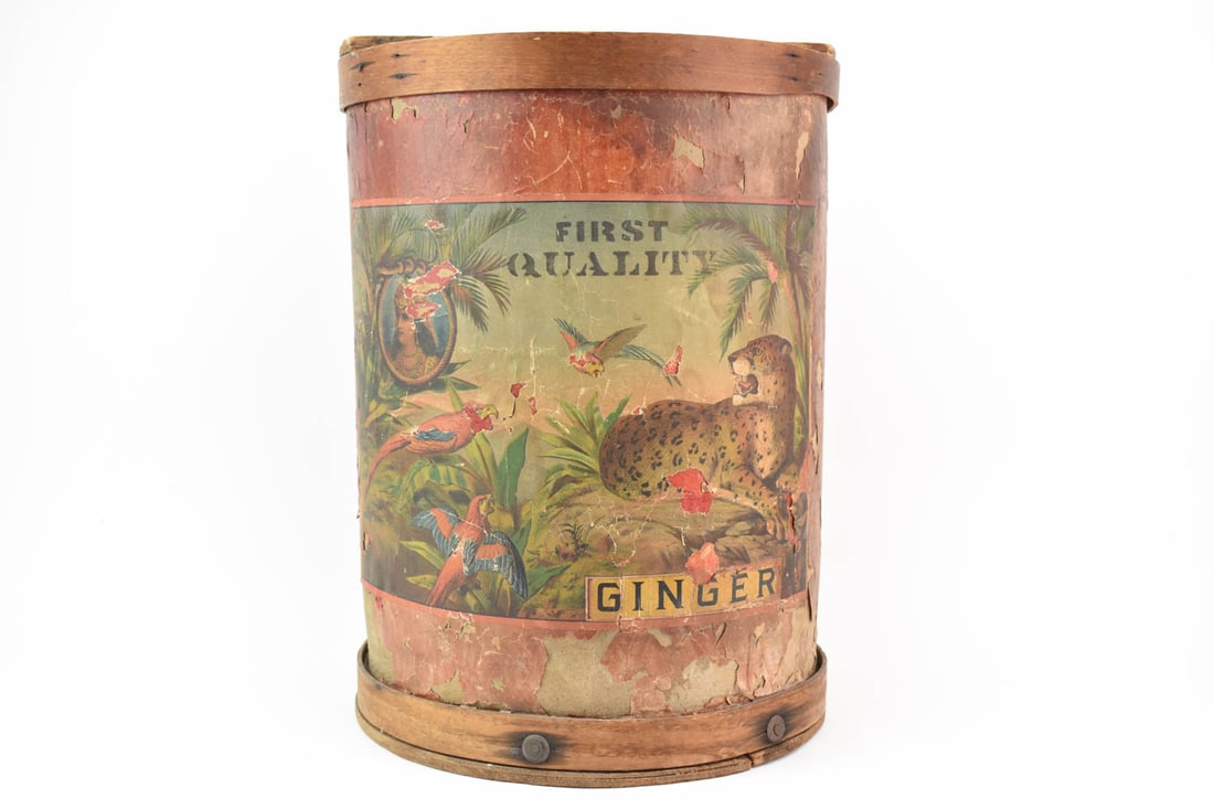 Vintage First Quality Ginger Container: Vintage First Quality Ginger Container. Marked on top Dormis Paterson. Used condition, wear, worn, surface distress.16 1/2" tall x 12" diameter