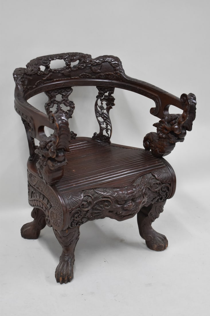 Asian Style Hardwood Carved Dragon Arm Chair: Asian Style Hardwood Carved Dragon Arm Chair. Used condition, wear, worn, chips, scratches. 30 3/4" tall x 25" wide x 24" deep x 16" tall to top of seat