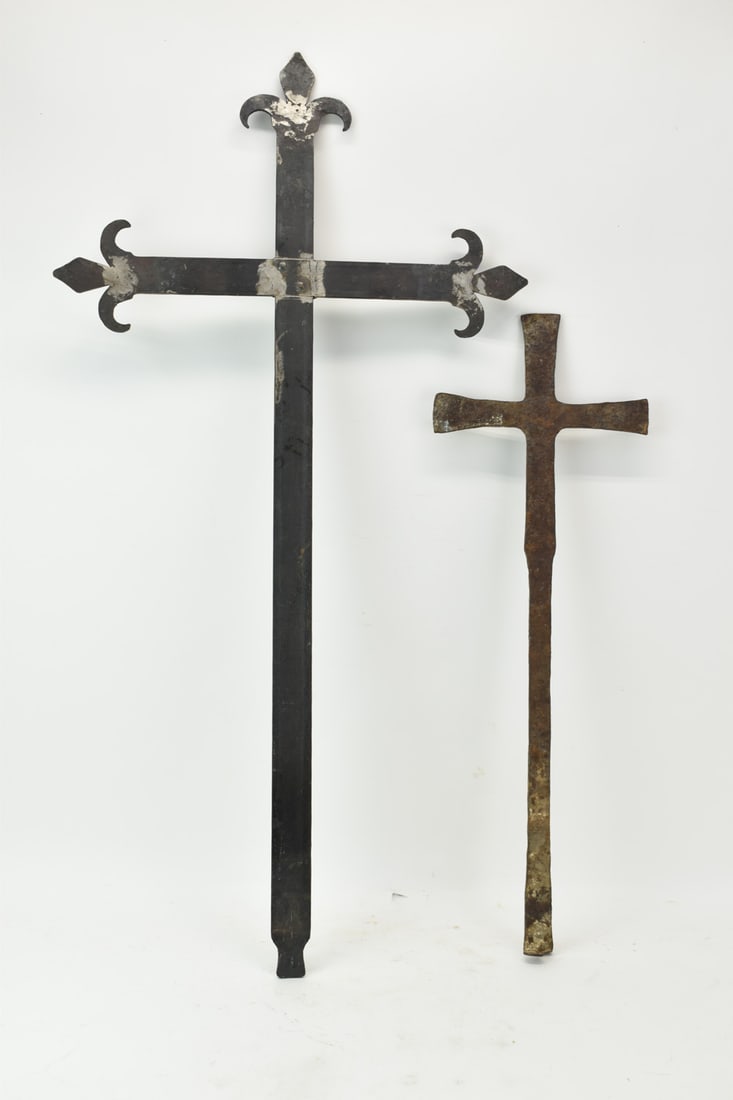 Antique Iron Foundry Cross: Antique Iron Foundry Cross together with iron fluer di lislike tipped iron cross. Used condition, wear/worn. The first example 27" x 9-1/4", the second 38-1/2" x 20".
