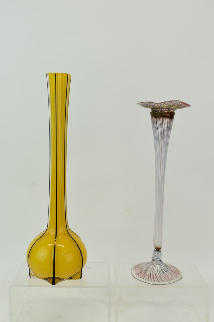 Modern Vera Walther Art Glass Vase: Modern Vera Walther Art Glass Vase. Together with a modern yellow colored vase. Used condition, Walther vase measures 12" tall x 3 3/4" diameter at base.