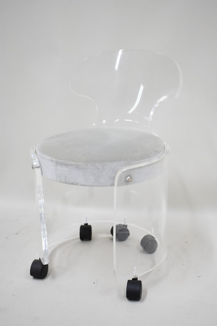 Modern Lucite Vanity Chair: Modern Lucite Vanity Chair. Used condition, wear, 26 1/2" tall x 16 3/4" wide x 20" deep x 17" tall to top of seat.