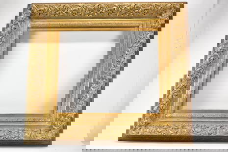 Large Gilt Carved Picture Frame: Large Gilt Carved Picture Frame. Used condition, outside size 33 3/4" x 37 1/2", interior dimension 19 1/4" x 23"