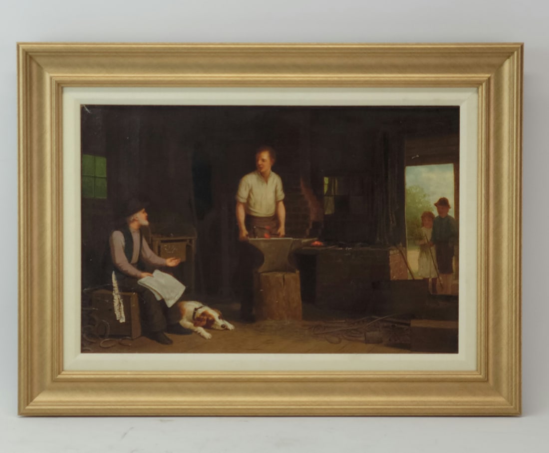 Oil On Canvas, Blacksmith in Workshop: an oil on canvas of an interior family scene. Hole to left side of family scene.Frame size is 17 1/8" x 23 3/8" and sight size 11 1/2" x 17 1/8"