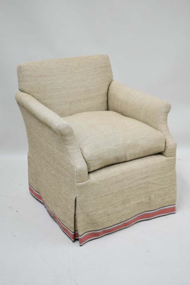 Jute Upholstered Easy Chair: Jute Upholstered Easychair mounted on revolving base. Used condition. 33 1/2" tall x 29 1/2" wide x31" deep x 23" tall to top of cushion