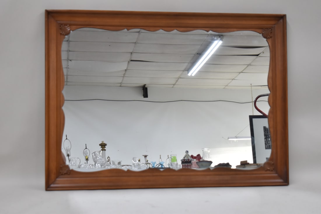 Fruitwood Hanging Wall Mirror: Fruitwood Hanging Wall Mirror with shell carved decoration. Used condition, 35" x 49"