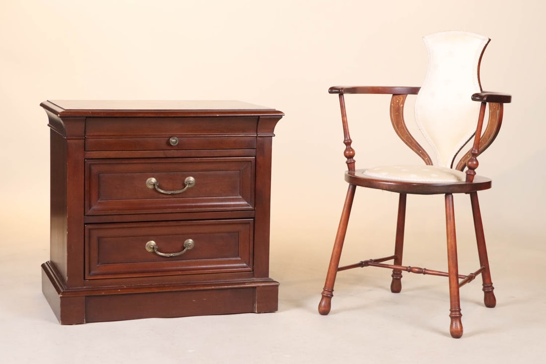 Art Nouveau Inlaid Mahogany Armchair: Art Nouveau Inlaid Mahogany Armchair, American, 20th C., together with an Ethan Allen mahoganized nightstand. Some surface distress. 33-1/2"h x 20-3/4"w x 17-1/2"d and 24-1/2"h x 26-1/4"w x 17-1/4"d