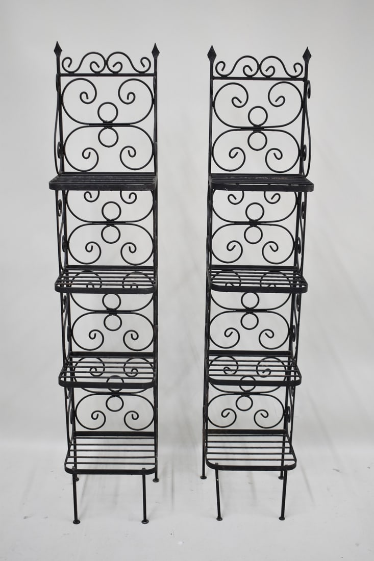 Pair of Iron Black Painted Etageres: Pair of Iron Black Painted Etegeres, each having four tiers. Used condition, paint loss. 59 /12" tall x 12" wide x 10" deep