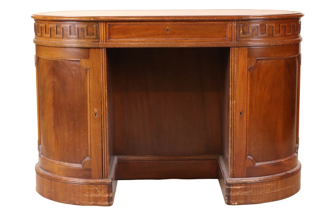 Neoclassical Leather-Inset Mahogany Writing Desk: Neoclassical Leather-Inset Mahogany Writing Desk, 20th C. Possible missing key, some surface distress. 29-1/2"h x 45"w x 25-1/2"d
