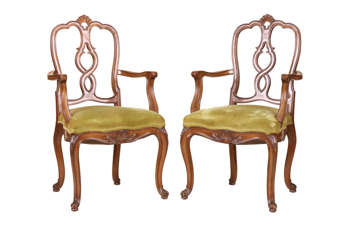 Pair of French Provincial Fruitwood Armchairs: Pair of French Provincial Fruitwood Armchairs, 20th C., with green velour upholstery. Some surface distress and wear. 42"h x 22-1/2"w x 19-1/2"d