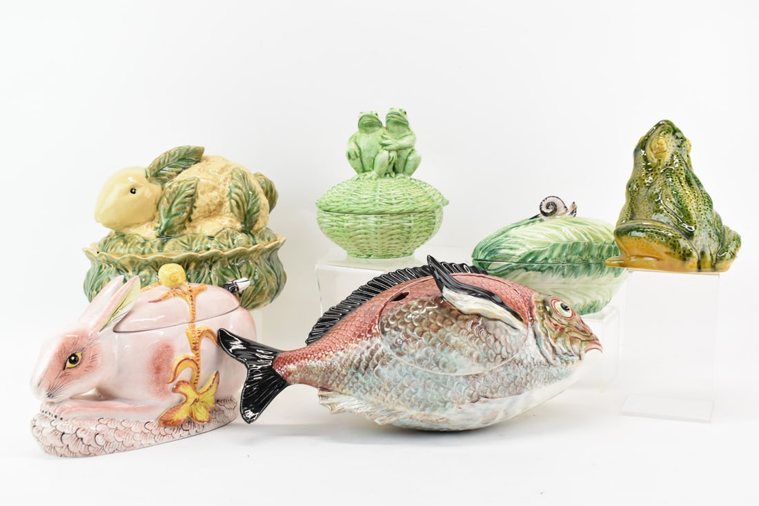 Group of Italian & Portuguese Serving Pieces: Group of Assorted Italian & Portuguese Serving Pieces in the Majolica Style. Including Bunny Rabbit, Fish, Frog and Snail finial. Used condition, fleabites, fish measures 16" long x 7" tall x 9" wide