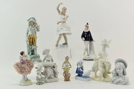 Group of Assorted Porcelain Figurals: Group of Assorted Porcelain Figurals. Including Royal Dux Jester, Meissen putti, B&G dancer, Schaun Bach Kunst, German porcelain dancer and others. Used condition, repairs, missing pieces. B&G dancer