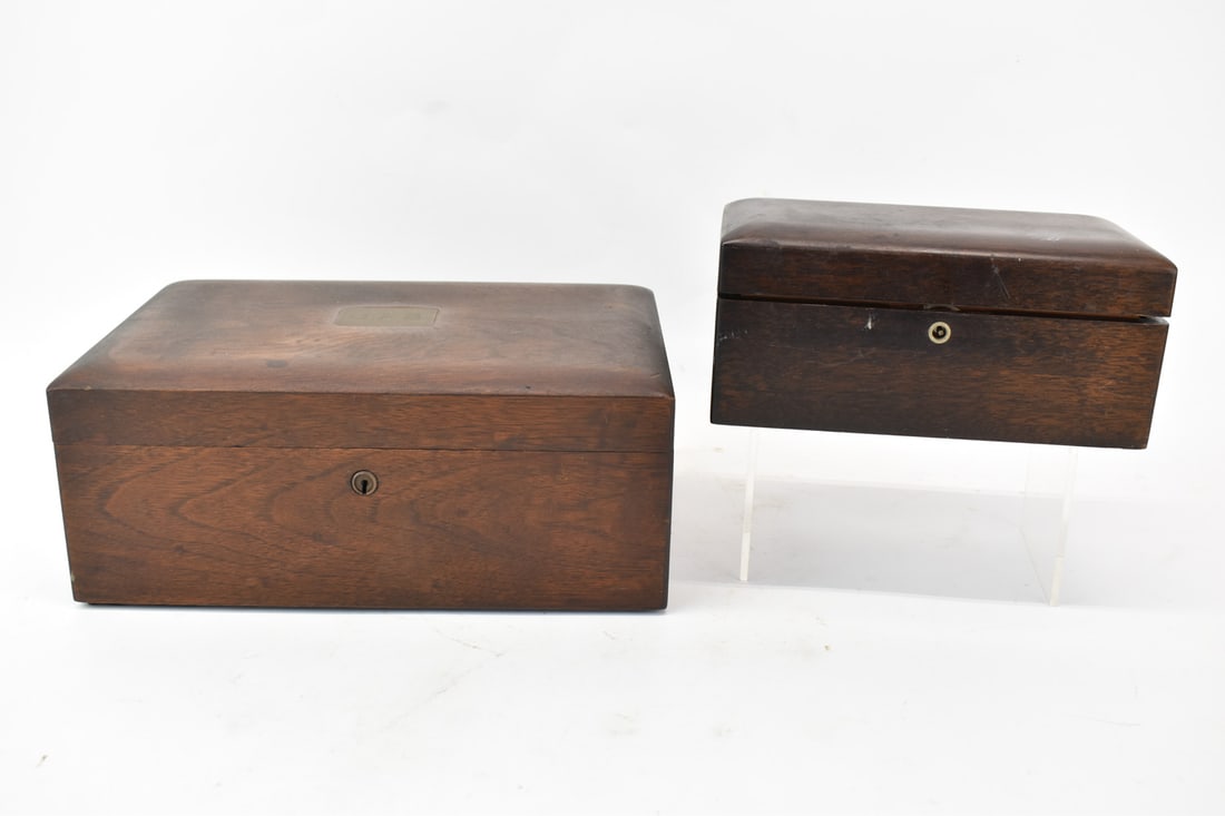 Two Vintage Mahogany Humidors: Two Vintage Mahogany Humidors one with brass monogrammed plaque. Used condition, wear, worn. Largest measures 11 1/2" long x 7 3/4" x 5"