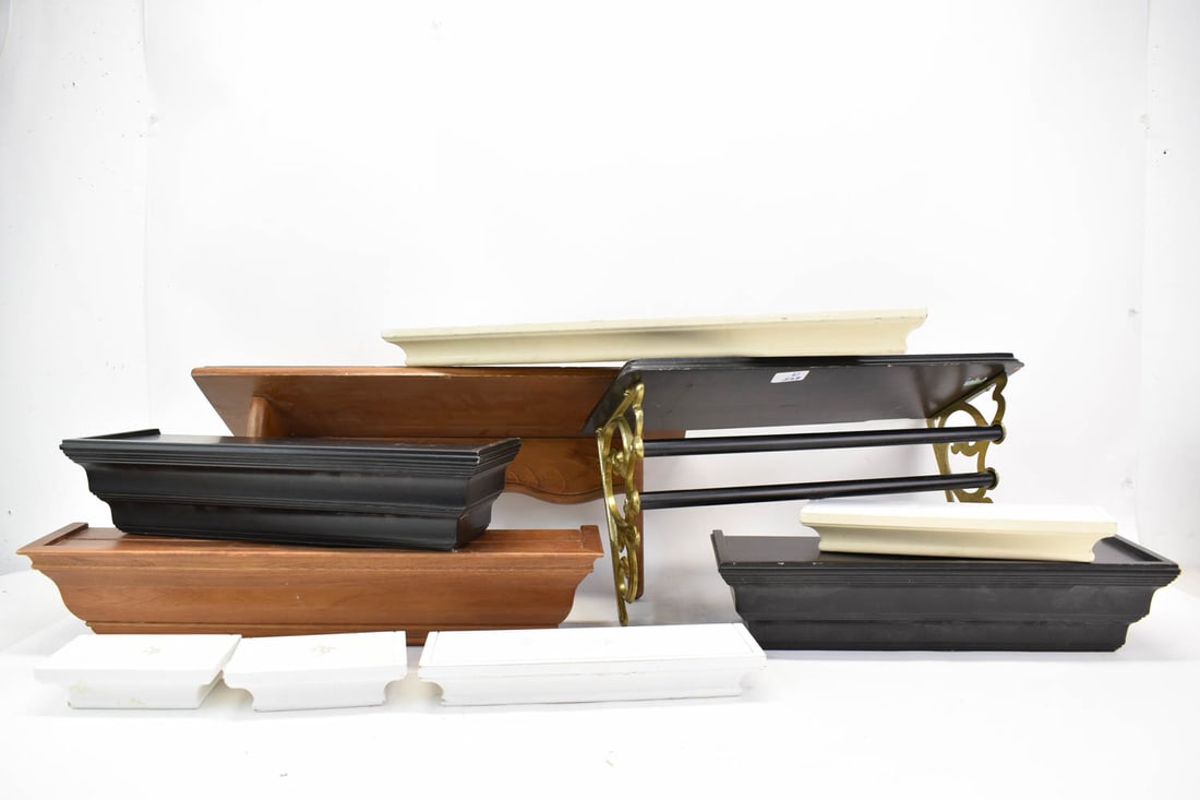 Collection of Assorted Wall Brackets: Collection of Assorted Wall Brackets. Used condition, wear, worn. Largest measures 20" wide x 10" tall x 7 1/4" deep