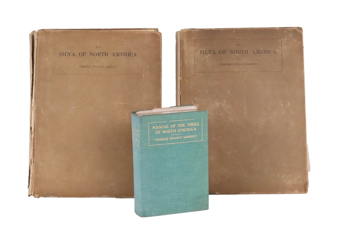 Charles Sprague Sargent, "Silva of North America": Charles Sprague Sargent, "Silva of North America", comprising vol. V and vol. XII, published by Houghton Mifflin Company, The Riverside Press, Cambridge, 1893 and 1898, in original cloth and paper boa