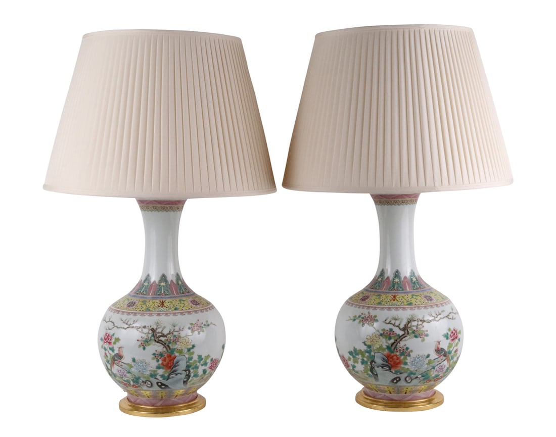 Pair of Chinese Famille Rose Porcelain Vases: 20th C. Now fitted as a lamp. Vase approx. 16"h Overall: 29-1/2"h Provenance: Mackinnon Fine Art, London, UK Provenance: Property from a Private Park Avenue, New York City Collection