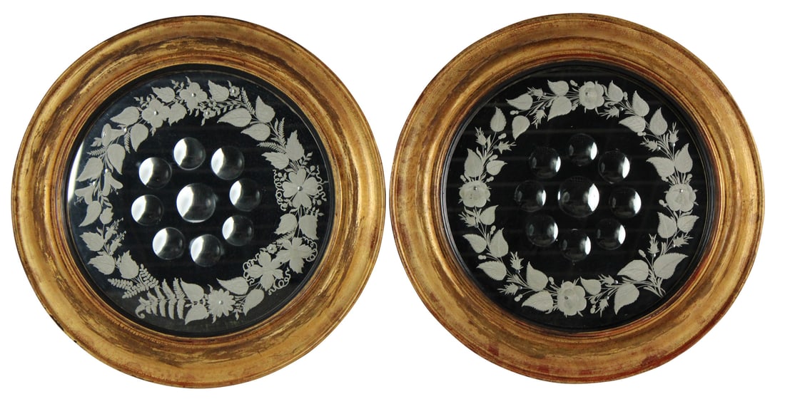 Pair of Circular Mirrors with Etched Decoration: Late 19th C. with convex circles in the center, and giltwood frames. Some surface distress. 16-1/4"dia. Provenance: Property from a Private Princeton, NJ Collection