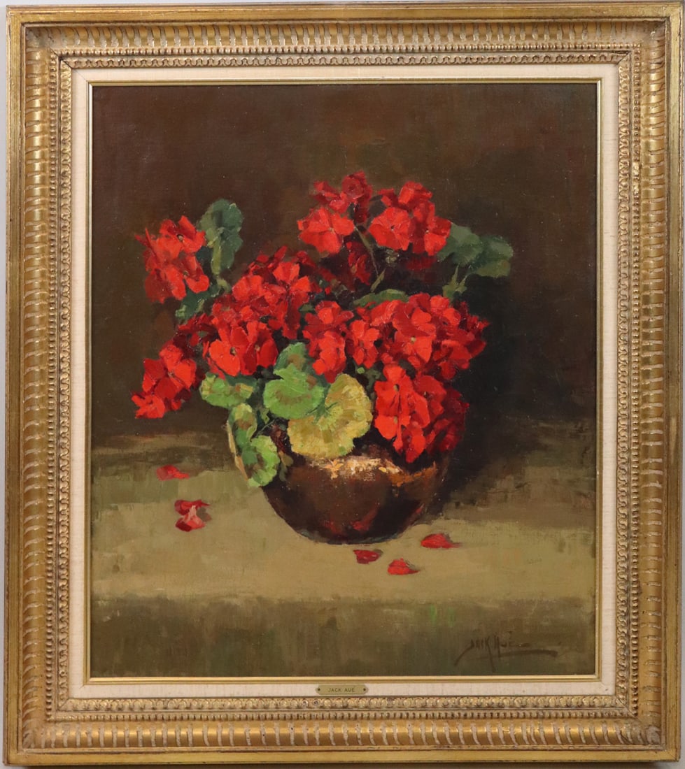 Jack Aue, Oil on Canvas, Red Flowers in Vase (1 of 8)