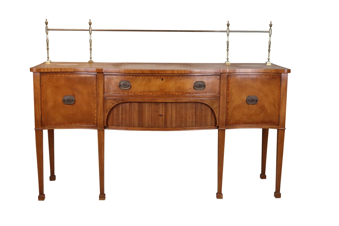 Old Colony Federal Style Sideboard: 20th C. with brass gallery. Pulls loose on bottom drawer. 4'3"h x 6'w x 24"d